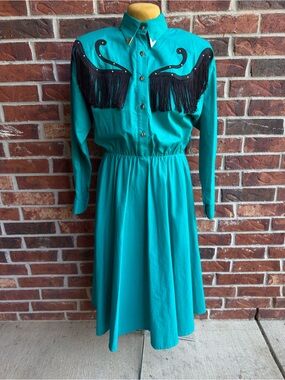 Vintage Lilia Smitty Turquoise Western Fringe Dress Gold Studs Cowgirl Size 13/1